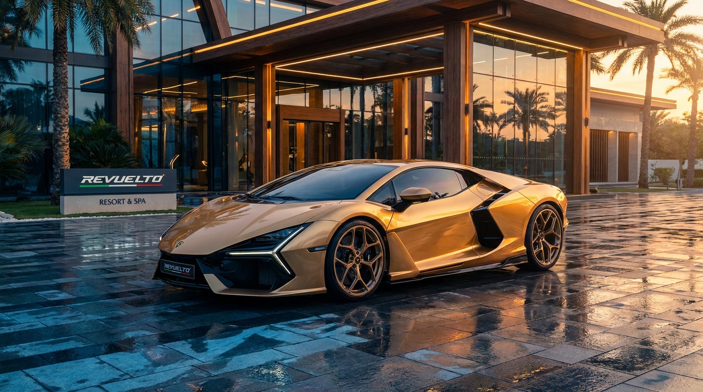 Gold Lamborghini Revuelto at a South Florida resort at dusk